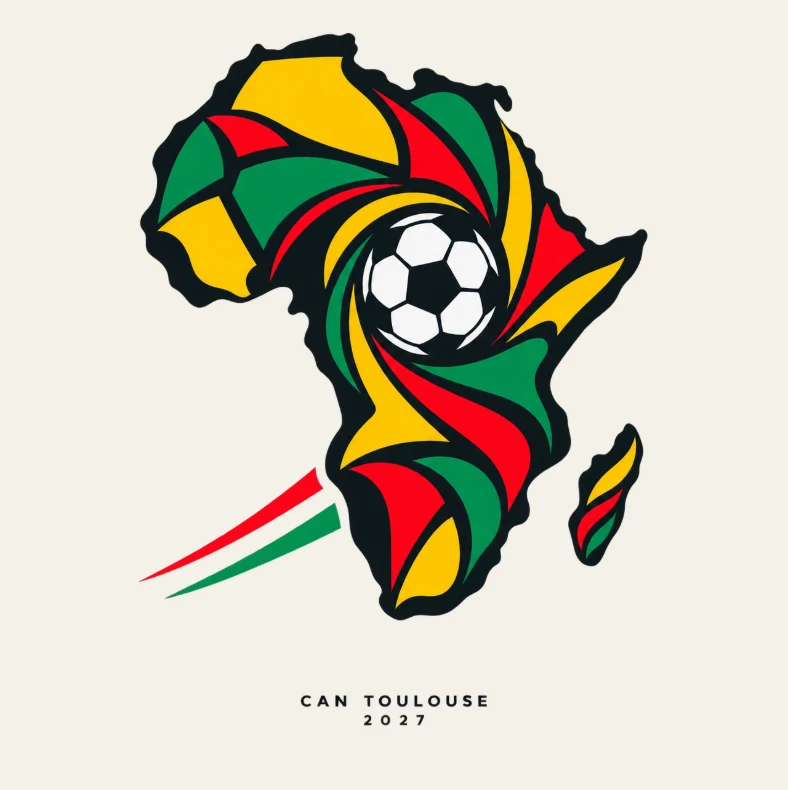 Logo CAN Toulouse 2027 : le continent africain aux couleurs vert, jaune et rouge enroulé autour d’un ballon
